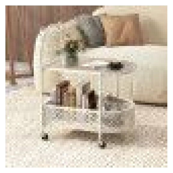 Glass Coffee Table with Bear Pattern, 2-Tier Mobile Side Table, Living Room Cocktail Table with Storage Basket, Tempered Glass Top, Rolling Casters, Modern Home Furniture