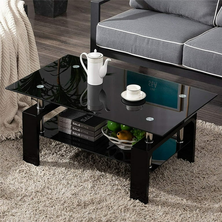 Glass Coffee Table Black Rectangle Side Coffee Table with Lower Shelf Modern Center Table with Metal Legs Rectangle Center Table Sofa Table for