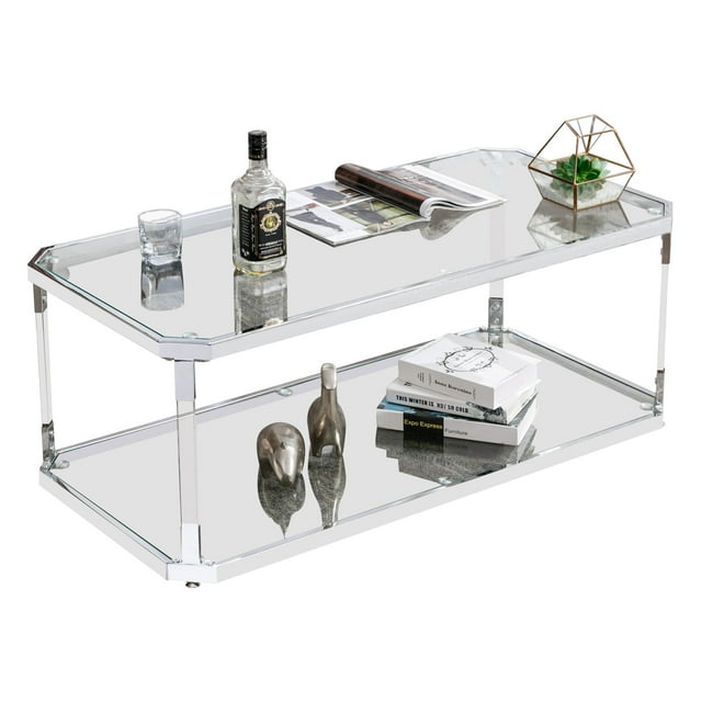 Glass Coffee Table, Clear Coffee Table with 2 Tiers, Acrylic Leg