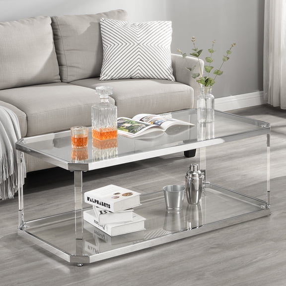 Glass Coffee Table, Clear Coffee Table with 2 Tiers, Acrylic Leg, Chrome Frame, Rectangular Center Table for Living Room