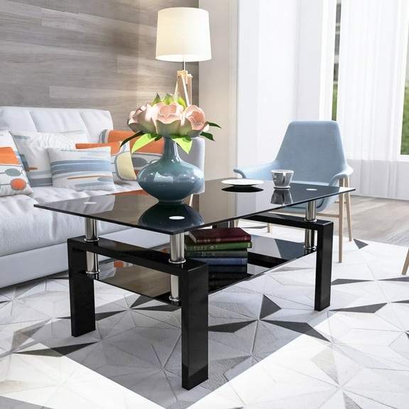 Glass Coffee Table with Double Shelf, Modern Rectangular Center Table for Living Room, Black Clear Glass Top with Sturdy Metal Frame, 220lbs Capacity for Small Apartment