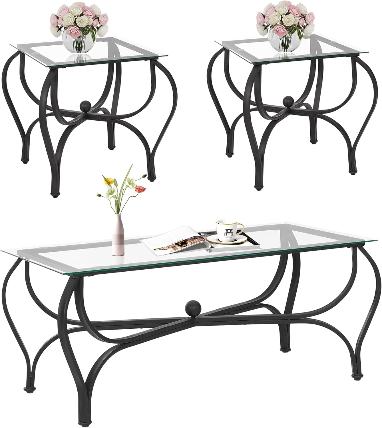 Glass Coffee Table and End Table Set of 3,Modern Living Room Center