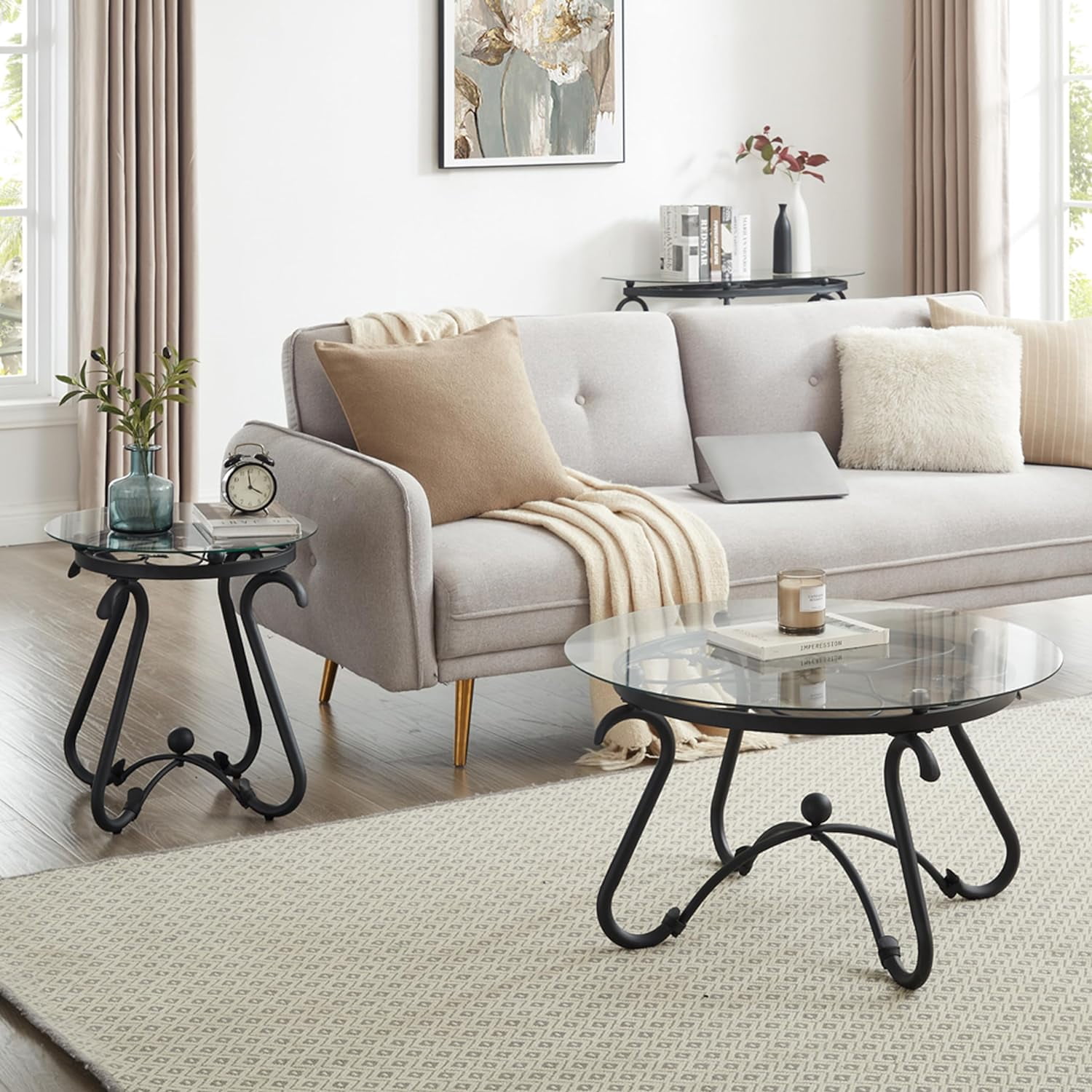 Glass Coffee Table and End Table Set of 2,Modern Living Room Center ...