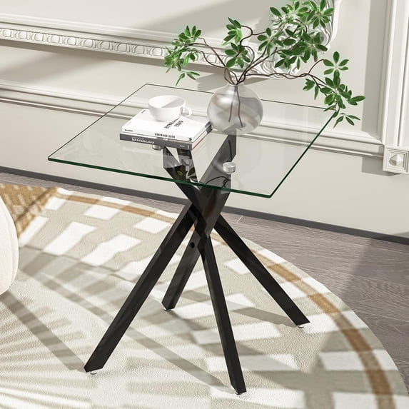 Glass Coffee Table, Holaki 17.7" Clear Square Glass Coffee Table, Modern Coffee Table with Metal Legs, Center Table Sofa Table Home Furniture for Living Room