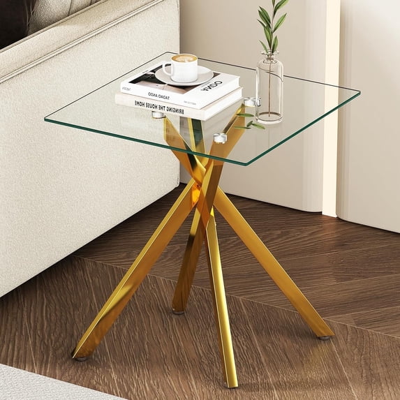 Glass Coffee Table, Holaki 17.7 " Clear Square Glass Coffee Table, Modern Coffee Table with Metal Legs, Center Table Sofa Table Home Furniture for Living Room