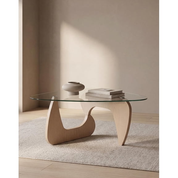 Glass Coffee Table for Living Room, 43.3" Triangle Coffee Table with Clear Glass Top and MDF Wood Base, Mid Century Modern Center Table for Apartment, Sofa, Lounge, Reception Space