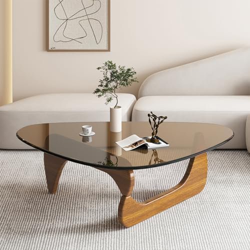 Glass Coffee Table for Living Room, Mid Century Modern Coffee Table Unique Oval Low Coffee Tables with Solid Oak Wood Base, Abstract Center Table for Small Spaces Triangle Coffee Tables$$Furniture