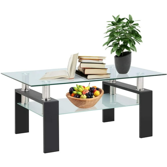 Glass Coffee Table for Living Room, Modern Rectangle Cocktail Tea Table, Sofa Table with 2 Tier Tempered Glass Boards & Metal Legs, Mid-Century Design Center Table, Easy Assembly, B1265