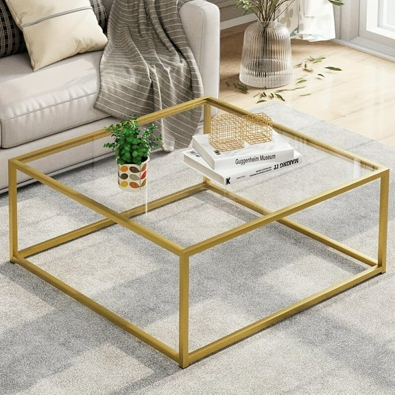 Glass Coffee Table for Living Room, Square Coffee Tables for Small Spaces, Simple Tea Cocktail Modern Center Tables, Living Room Tables, Easy Assembly, 26 * 26in
