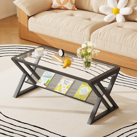 Glass Coffee Table Living Room Table with Storage Shelf, Black Glass Table Simple Modern Rectangular Tables with Sturdy Black Metal Frame,Industrial Glass Coffee Table for Bedroom Home Office