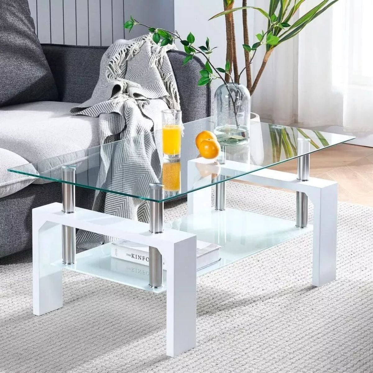 Glass Coffee Table with Lower Shelf, Clear Rectangle Coffee Table ...