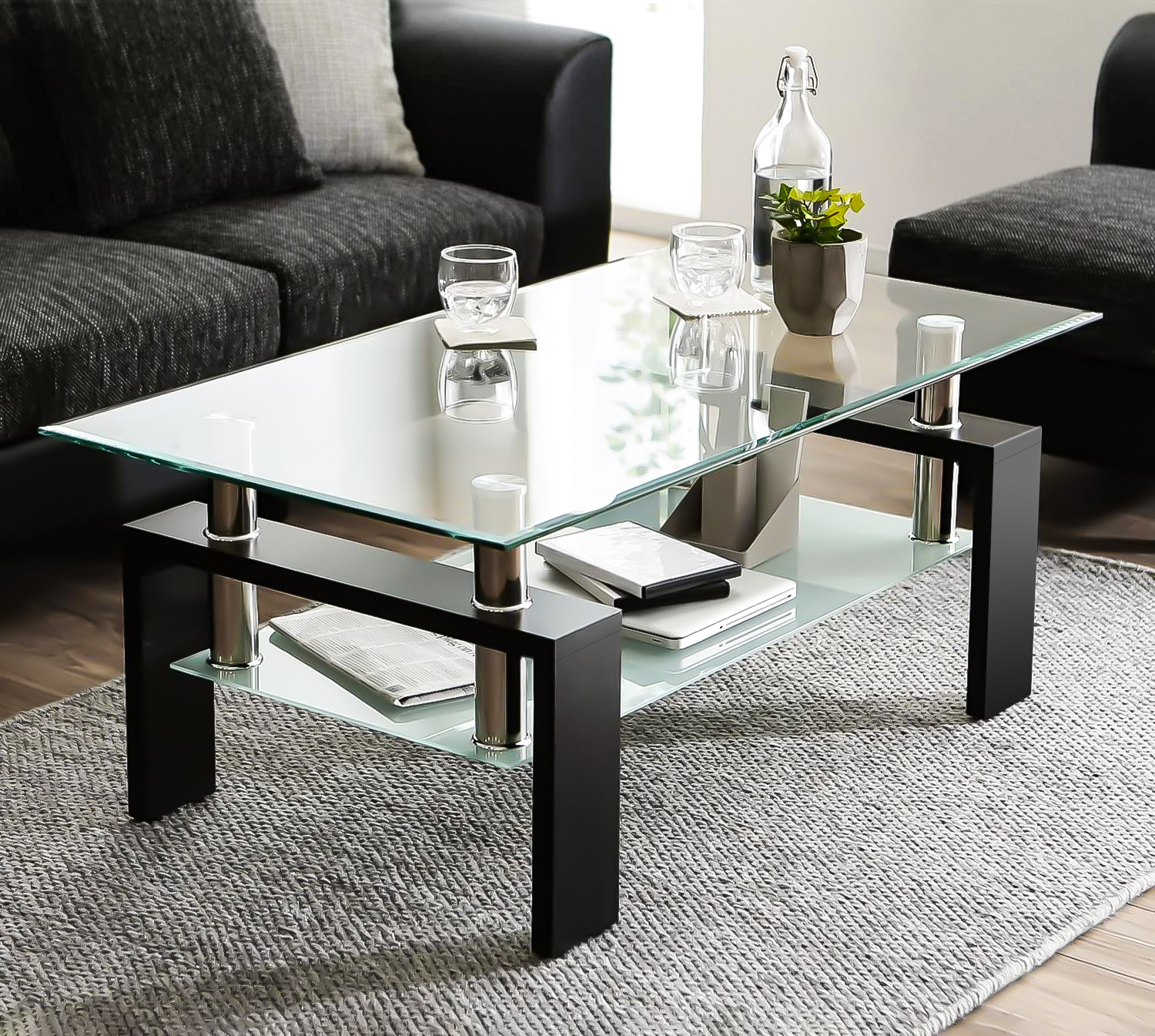 Hodedah Glass Rectangle Coffee Table, Black