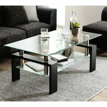 Glass Coffee Table with Lower Shelf, Clear Rectangle Glass Coffee Table, Modern Coffee Table with Metal Legs, Rectangle Center Table Sofa Table Home Furniture for Living Room,Black