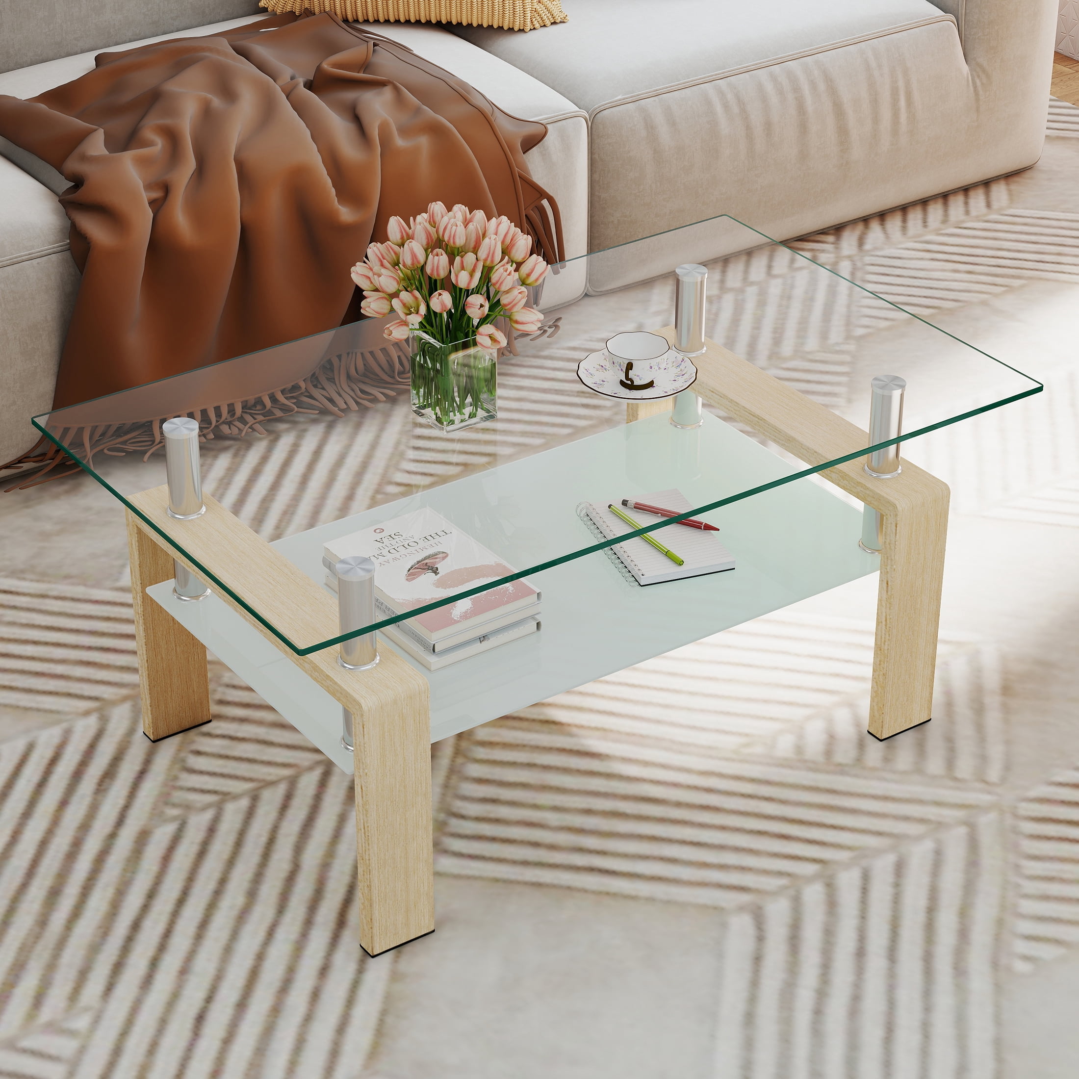 Glass Coffee Table with Lower Shelf, SEGMART Clear Rectangle Glass ...