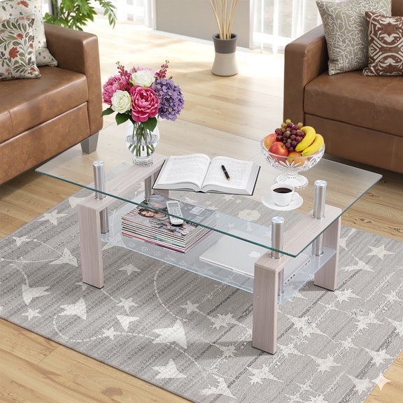 47.24" Rectangle Coffee Table with Storage, 2-Tier Farmhouse Wood ...