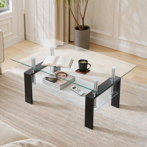 Glass Coffee Table for Living Room, SEGMART Modern Coffee Table with Lower Shelf, Rectangle Center Table with Metal Legs, Glass Table, Sofa Table, Tea Table, Living Room Table