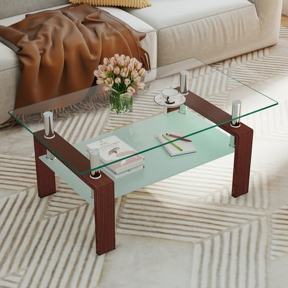 Glass Coffee Table with Lower Shelf, SEGMART Clear Rectangle Glass Coffee Table, Modern Coffee Table with Metal Legs, Rectangle Center Table Sofa Table Home Furniture for Living Room
