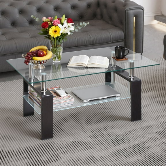 Glass Coffee Table with Lower Shelf, SEGMART Clear Rectangle Glass Coffee Table, Modern Coffee Table with Metal Legs, Rectangle Center Table Sofa Table Home Furniture for Living Room