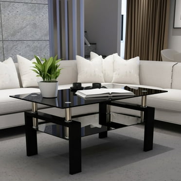 Glass Coffee Table with Lower Shelf, SEGMART Clear Rectangle Glass Coffee Table, Modern Coffee Table with Metal Legs, Rectangle Center Table Sofa Table Home Furniture for Living Room