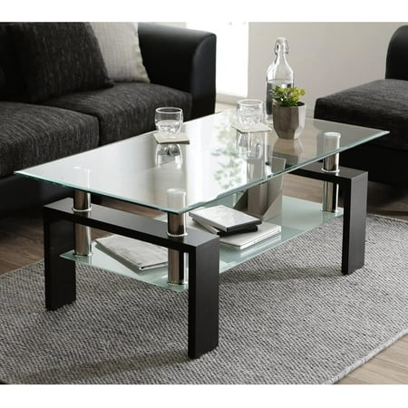 SEGMART Glass Coffee Table with Lower Shelf, Clear Rectangle Glass Coffee Table, Modern Coffee Table with Metal Legs, Rectangle Center Table Sofa Table Home Furniture for Living Room
