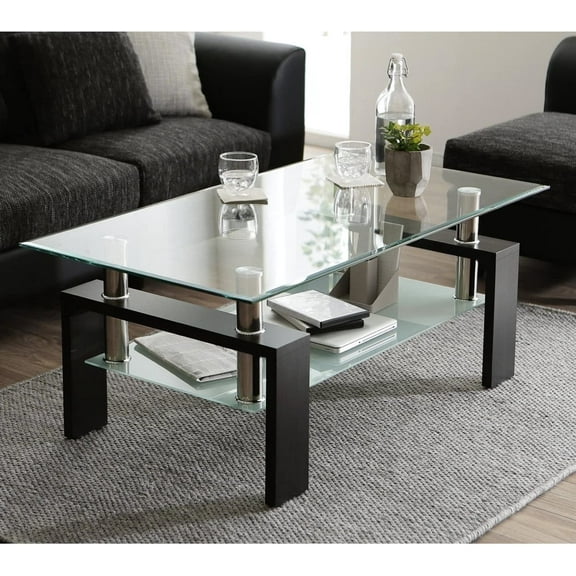 SEGMART Glass Coffee Table with Lower Shelf, Clear Rectangle Glass Coffee Table, Modern Coffee Table with Metal Legs, Rectangle Center Table Sofa Table Home Furniture for Living Room