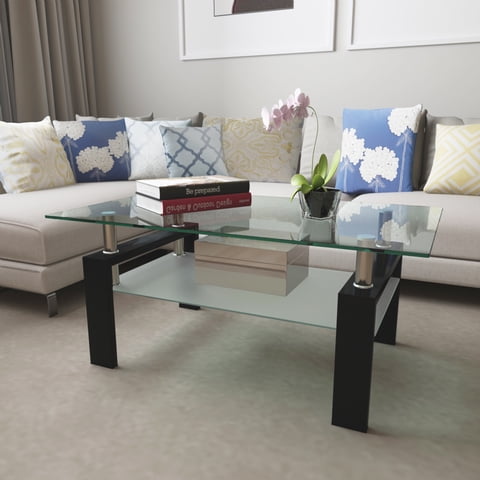Glass Coffee Table for Living Room, SEGMART Modern Coffee Table with Lower Shelf, Rectangle Center Table with Metal Legs, Glass Table, Sofa Table, Tea Table, Living Room Table