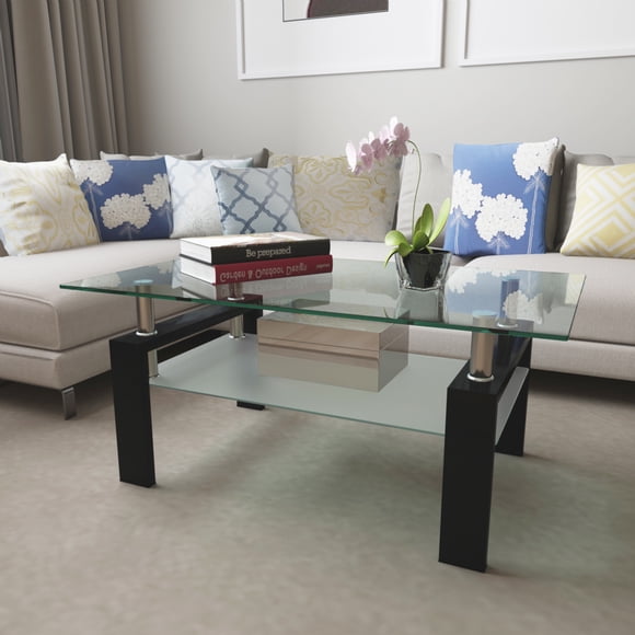 Glass Coffee Table for Living Room, SEGMART Modern Coffee Table with Lower Shelf, Rectangle Center Table with Metal Legs, Glass Table, Sofa Table, Tea Table, Living Room Table