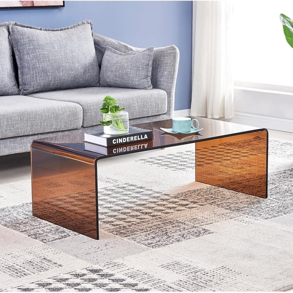 Glass Coffee Table, Modern Amber Coffee Tables for Living Room, Small Rectangle Tempered Glass Waterfall Sofa End Table, 39.4" x 19.7" x 13.78