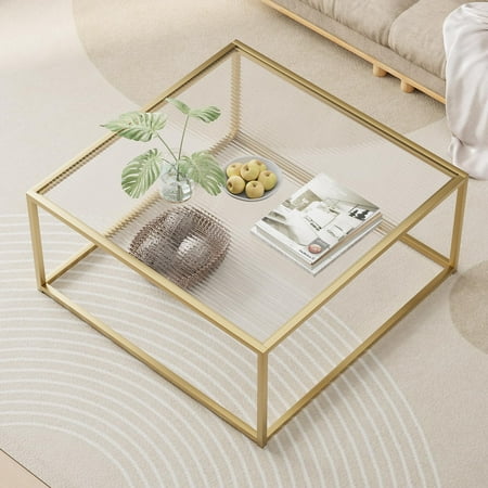 Glass Coffee Table Modern Center Table,Minimalist Coffee Table Sofa Side Tea Table for Living Room,Tempered Glass-top with Sturdy Metal Frame, Easy Assembly,26.4 x 26.4 x 15.7 Inches, Gold