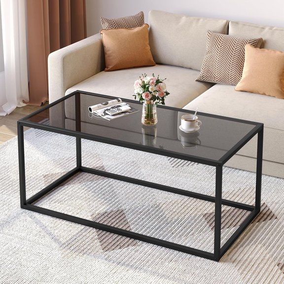 Glass Coffee Table Modern Coffee Tables Simple Rectangular Center Table with Open Space for Living Room Home Office,39.3 x 19.7 x 17.7Inches, Gray Black