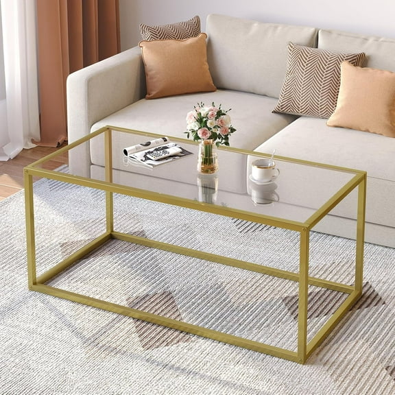 Glass Coffee Table Modern Coffee Tables Simple Rectangular Center Table with Open Space for Living Room Home Office,39.3 x 19.7 x 17.7Inches, Gold