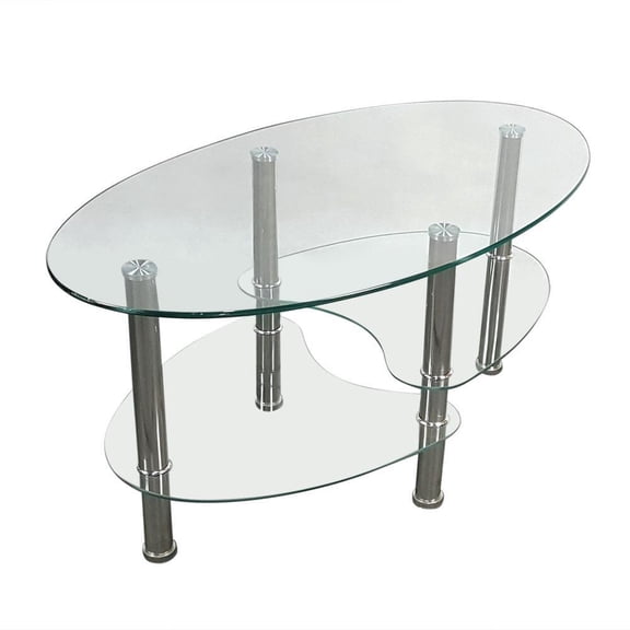 Glass Coffee Table, Modern Furniture Decor 2-Tier Modern Oval Smooth Glass Tea Table End Table for Home Office with 2 Tier Tempered Glass Boards & Sturdy Chrome Plated Legs