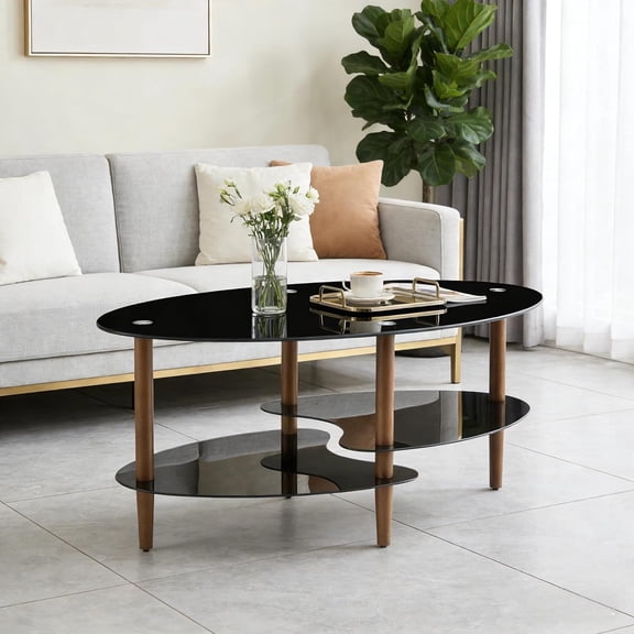 Glass Coffee Table, Modern Furniture Decor 3-Tier Modern Oval Smooth Glass Tea Table End Table for Home Office with Tempered Glass Boards & Sturdy Chrome Plated Black Legs