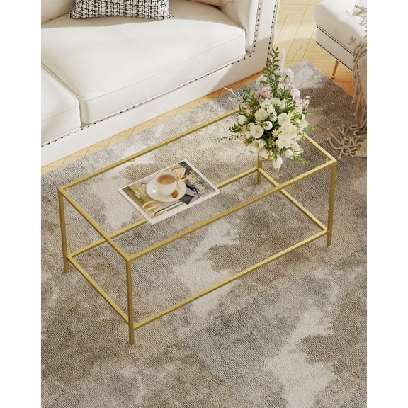 Glass Coffee Table, Modern Rectangular Coffee Table for Living Room | Minimalist Center Table with Sturdy Metal Frame for Apartment, Office, Easy Assembly, 39.4 x 19.7 x 17.7 Inches, Golden