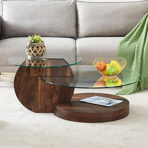 Round Glass Coffee Table, Modern Tempered Glass Coffee Tables for Living Room, 3-Tier Circle Walnut Coffee Table with Storage Clear Cocktail Table for Small Space Home Office