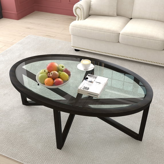Glass Coffee Table, Modern Simple Oval Table with Tempered Glass Top&Solid Wood Legs, Study Accent Center Table for Terrace Living Room Office, Black