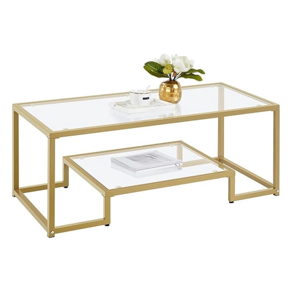 Glass Coffee Table, Rectangular Coffee Table with Glass-Top, Simple Center Coffee Tables with Metal Frame & 2 Shelves for Living Room Home Office,