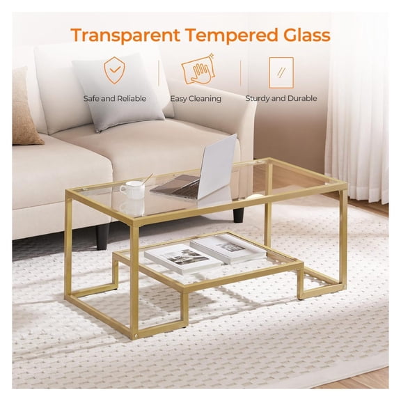 Glass Coffee Table, Rectangular Coffee Table with Glass-Top, Simple Center Coffee Tables with Metal Frame & 2 Shelves for Living Room Home Office,