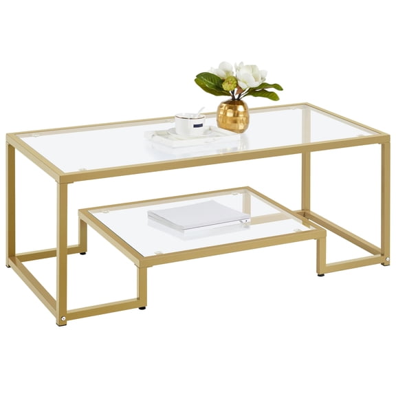 Glass Coffee Table, Rectangular Coffee Table with Glass-Top and 2 Shelves, Simple Center Coffee Tables for Living Room Home Office, Gold
