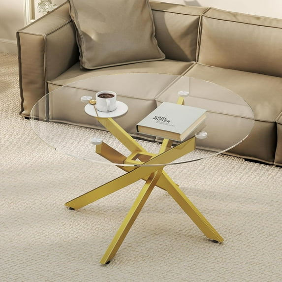 Glass Coffee Table, Round Coffee Table with Geometric Gold Metal Frame, Modern Minimalist Coffee Table for Decoration, Coffee Tables for Living Room, Study Room, Office