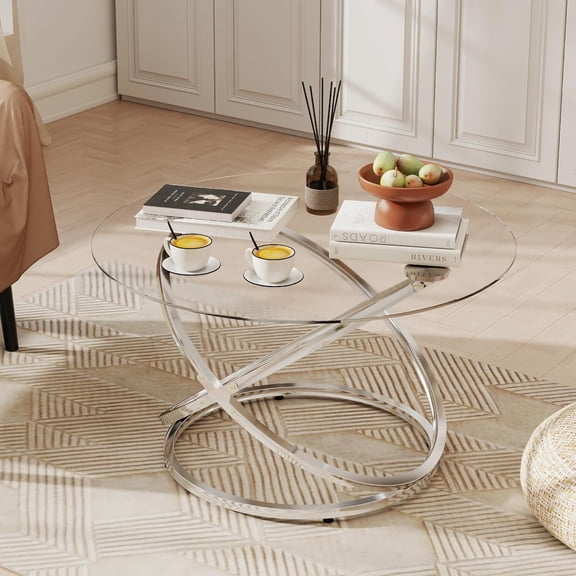 Glass Coffee Table, Round Coffee Table with Ring Silver Metal Frame, Large Modern Minimalist Coffee Table for Decoration, Coffee Tables for Living Room, Study Room, Office