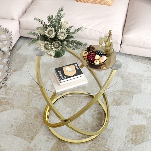 Glass Coffee Table, Round Coffee Tables with Ring Metal Frame, Modern ...