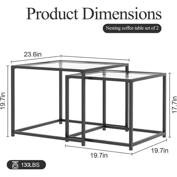 Glass Coffee Table Set of 2, Modern Nesting Tables with Metal Frame for Living Room, Office, Apartment, Small Spaces, Easy Assembly, Black
