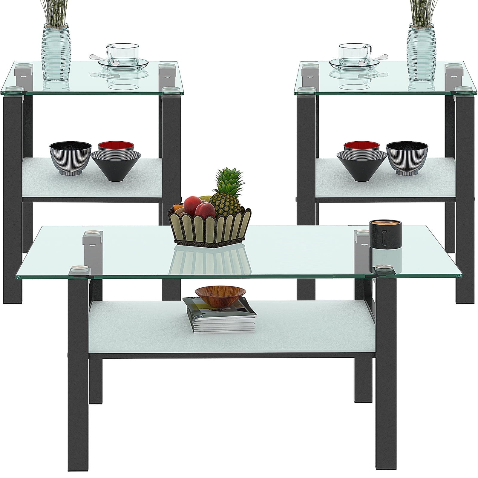 Black Metal and Glass 3-Piece Coffee Table Set with End Tables