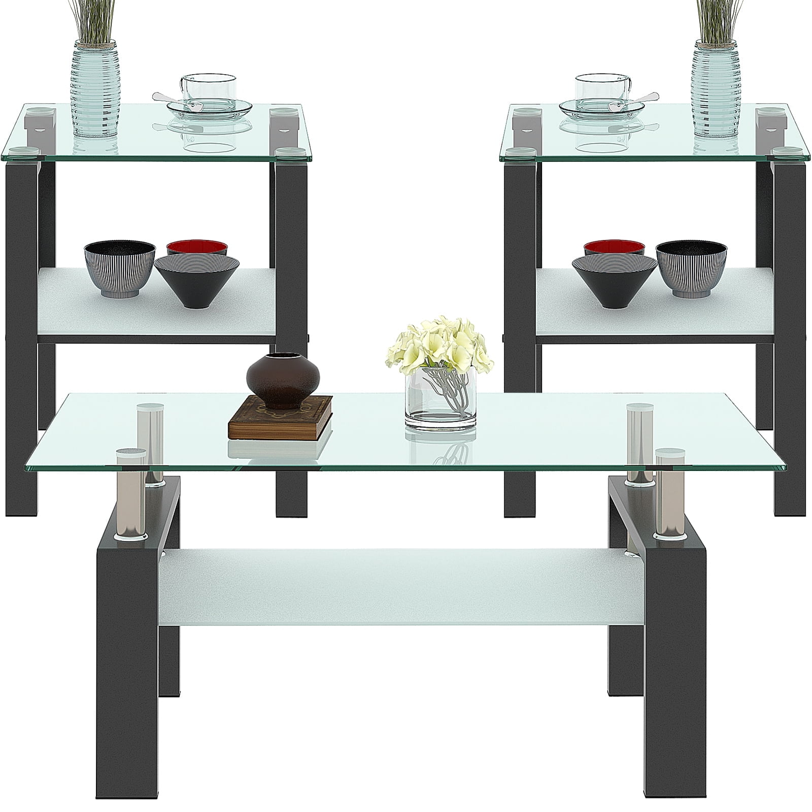 Black Metal and Glass 3-Piece Coffee Table Set with End Tables