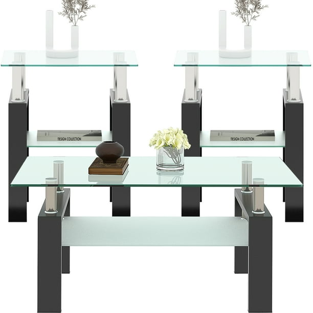 Glass Coffee Table Set of 3 Piece, Living Room Table Set of 3, Black