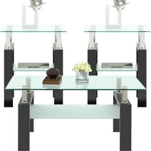 Glass Coffee Table Set of 3 Piece, Living Room Table Set of 3, Black Coffee Table and End Coffee Table Sets, Metal Frame (Black, Set of 3)