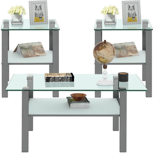 Glass Coffee Table Set of 3 Piece, Living Room Table Set of 3, Gray