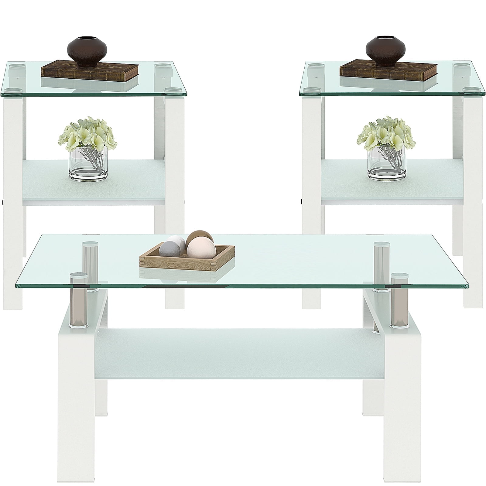 3-Piece Elegant Glass Coffee Table Set with Metal Frame, White ...