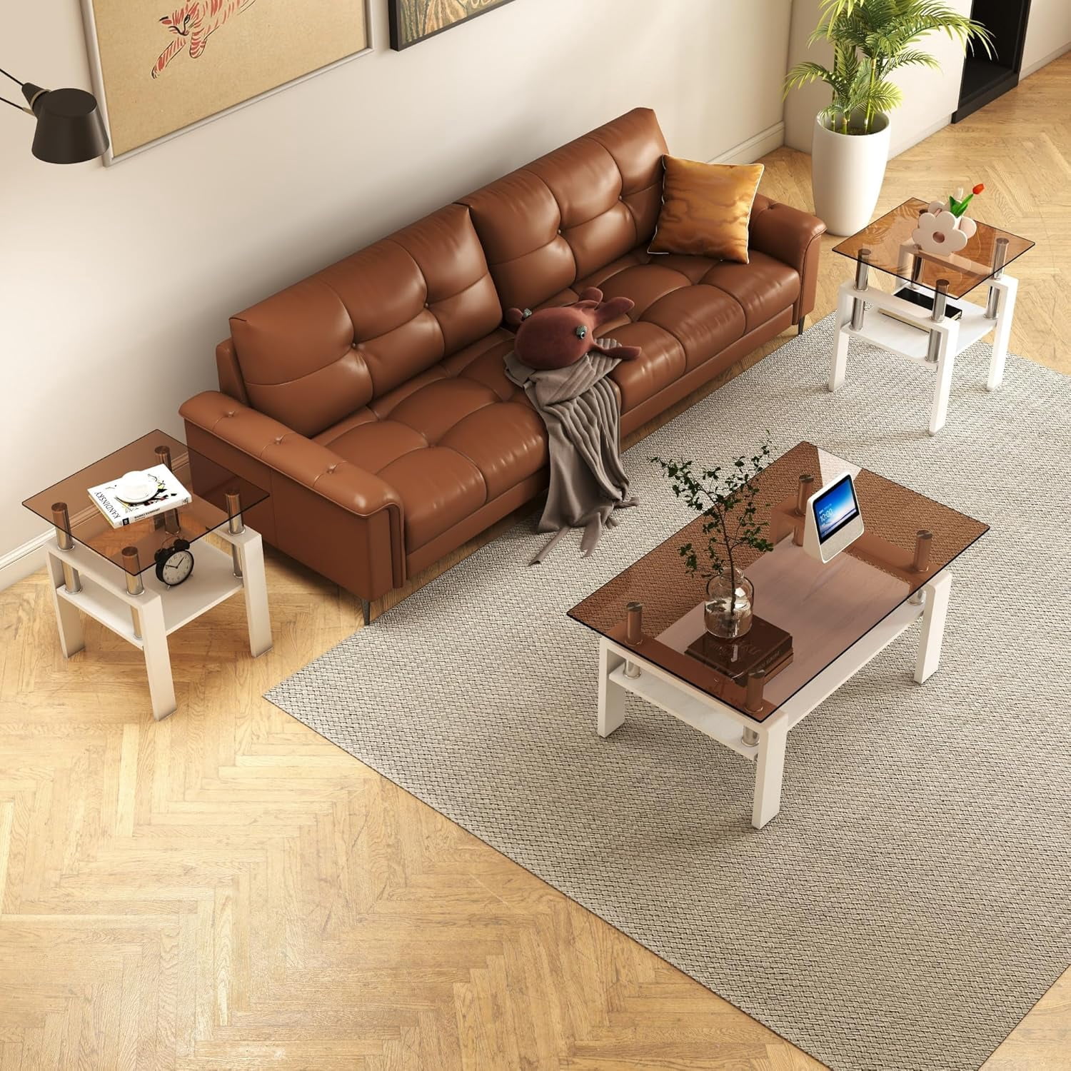 Glass Coffee Table Sets of 3 for Living Room, Mordern End Table Sofa ...